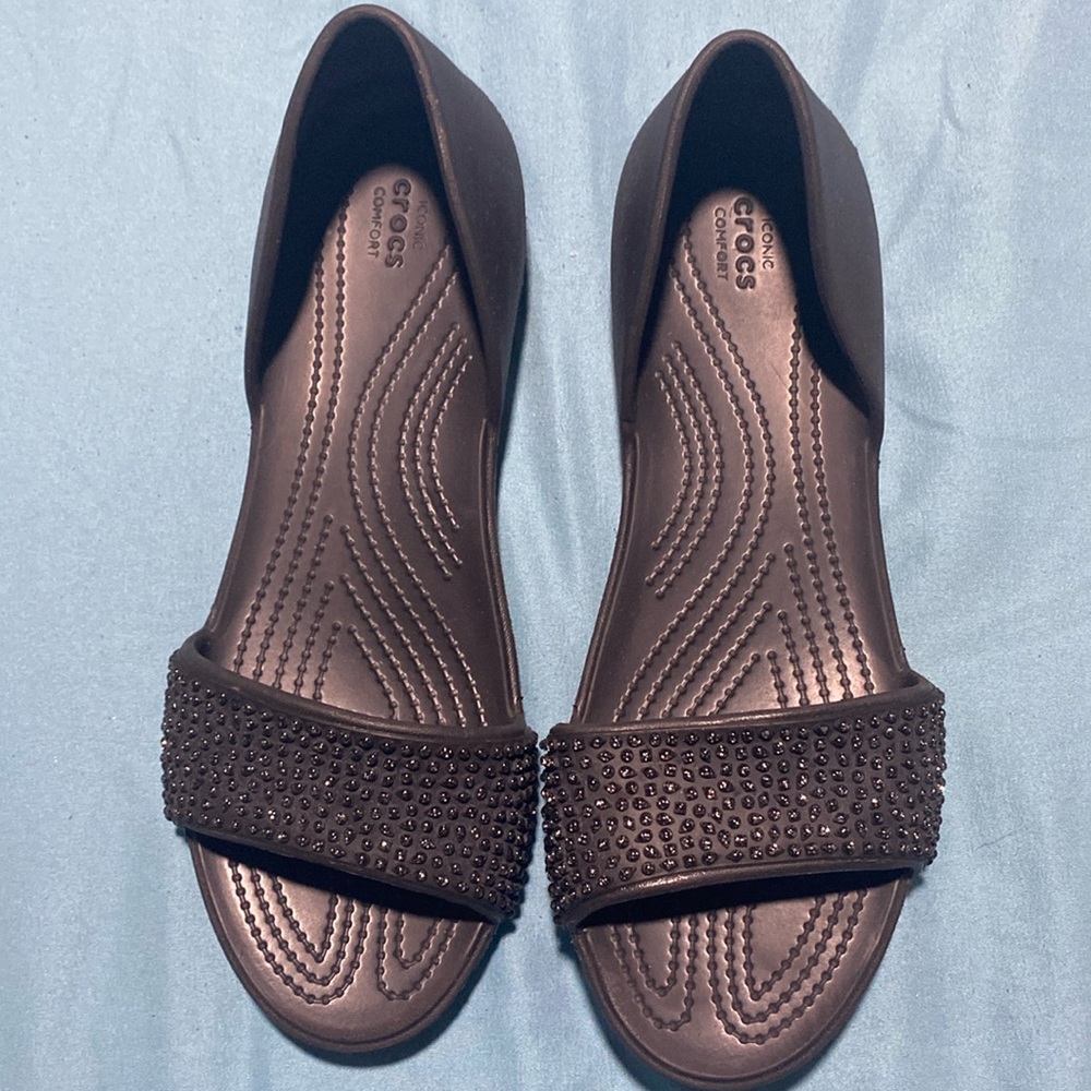 Crocs Lina D'Orsay Black Embellished Open Toe Ballet Flats Sz 9 New